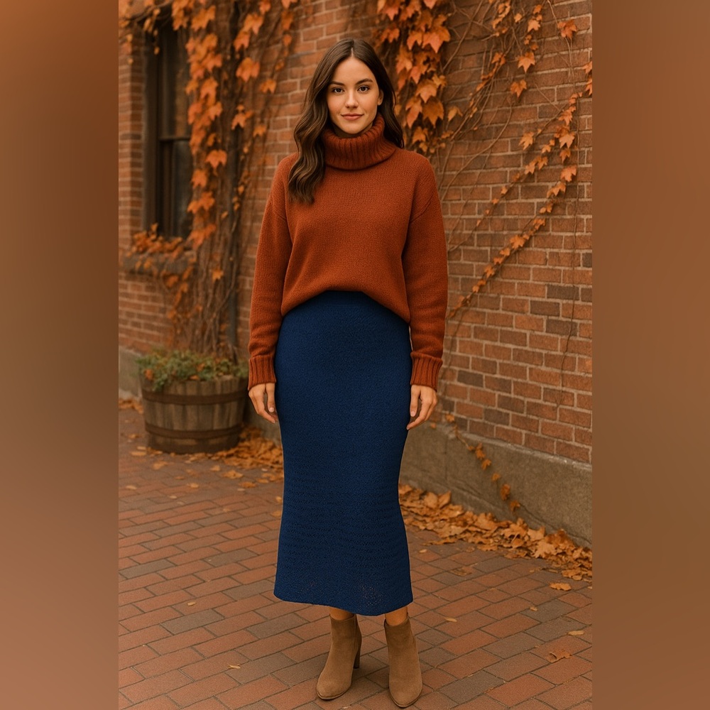 Olive +‎ Oak Knit Crochet Dark Blue Midi Skirt Boho Chic Beachy
